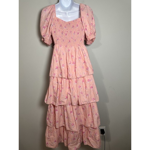 Love Shack Fancy Target Simone Dress Pink Floral Smocked Tiered Maxi Dress Sz S - Picture 7 of 9